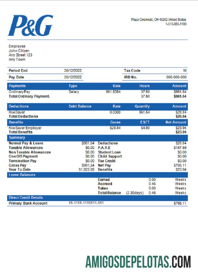 Recibo de pagamento da empresa de produtos de consumo Procter & Gamble dos EUA exemplo